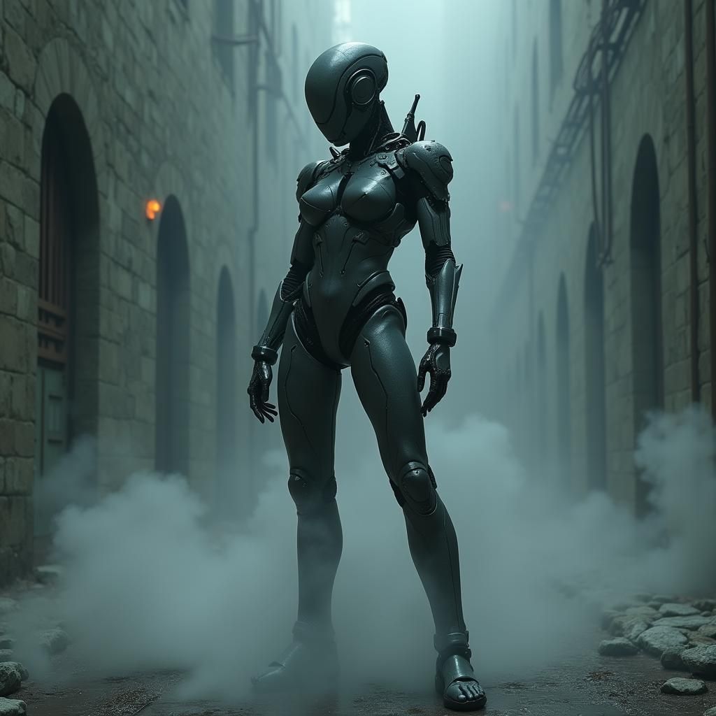 Mysterious Female Cyborg in Dystopian Biomechanical Setting