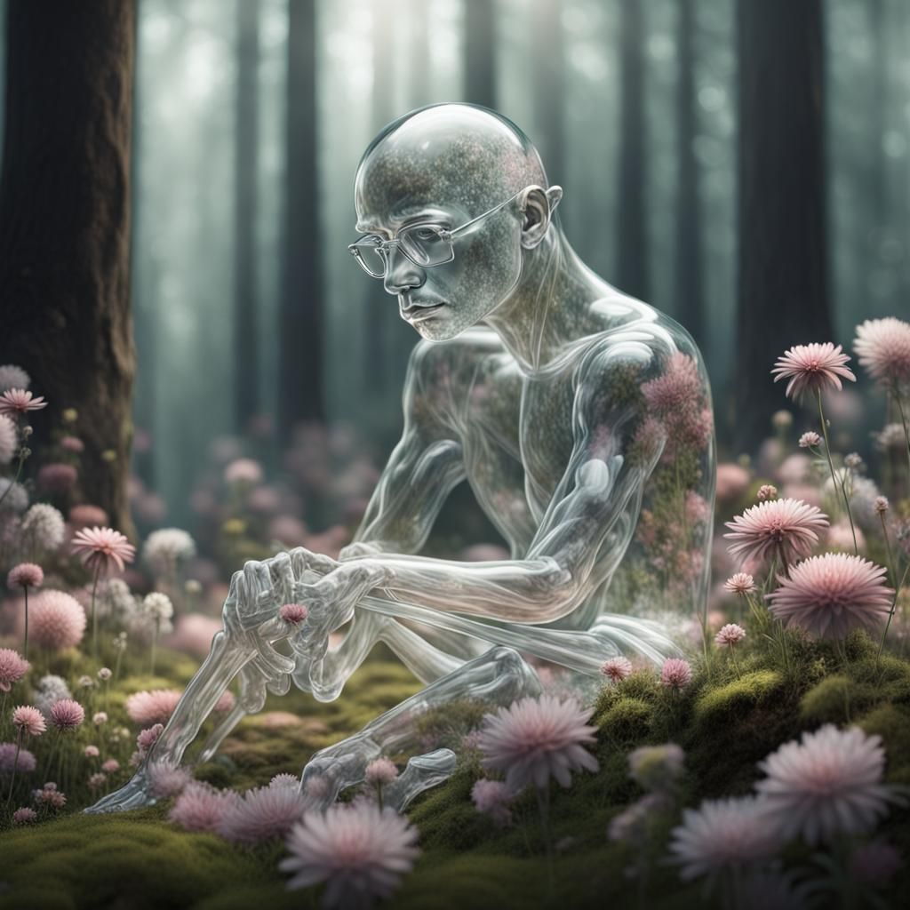 Transparent Glass Man Smelling Flowers in Hyper-Realism