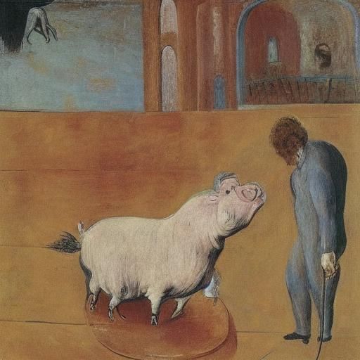 Grotesque Scoundrel Attacks Pig: Surrealist Iconographic Art