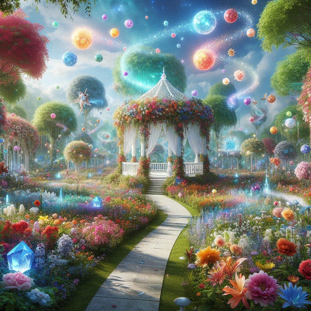 Enchanted Fairy Garden with Gazebo and Flowers
