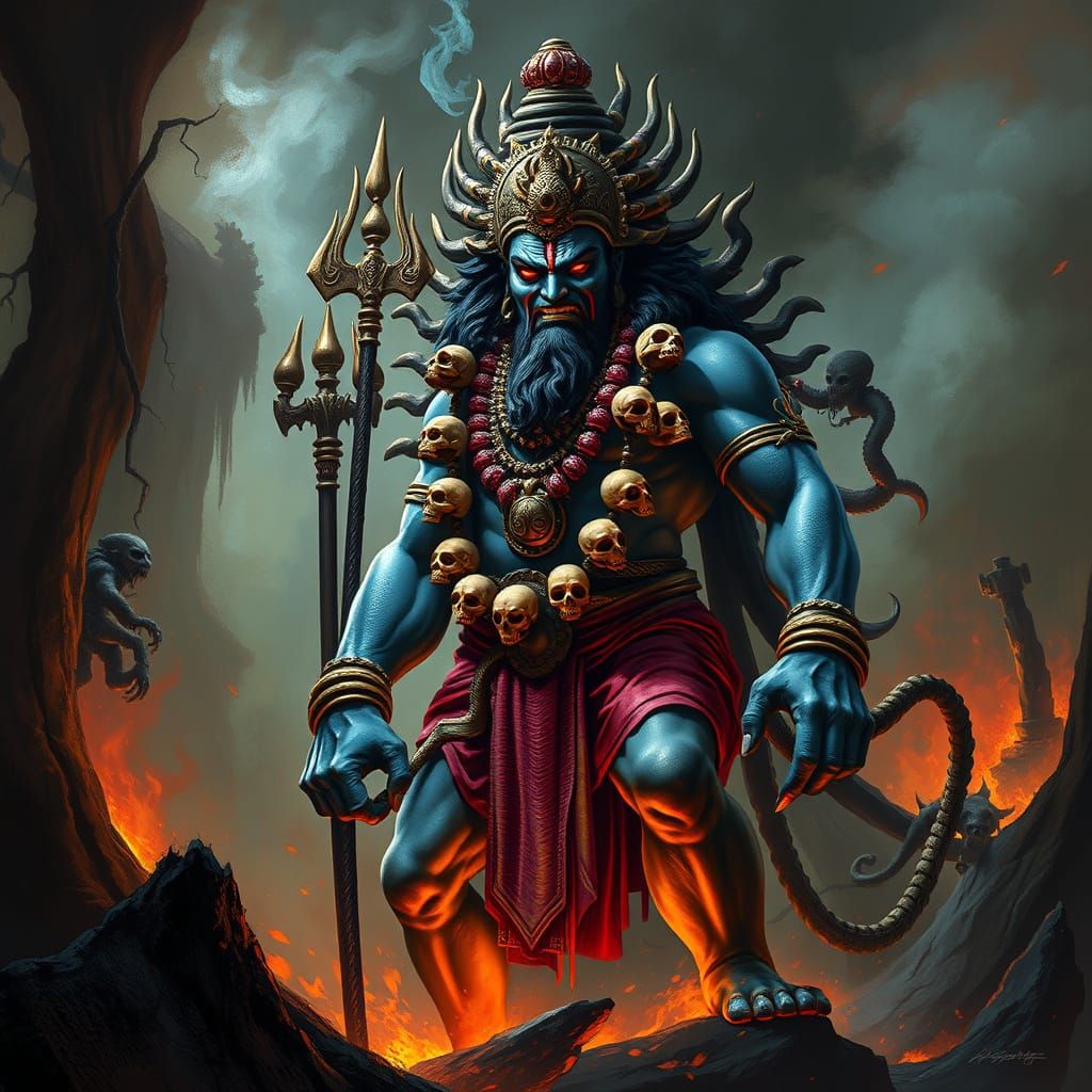 Fierce Lord Shiva Manifestation Stands Tall in Dark Mystical...