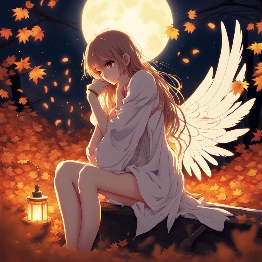 Lonely Angel Girl on Autumn Night: Anime Art