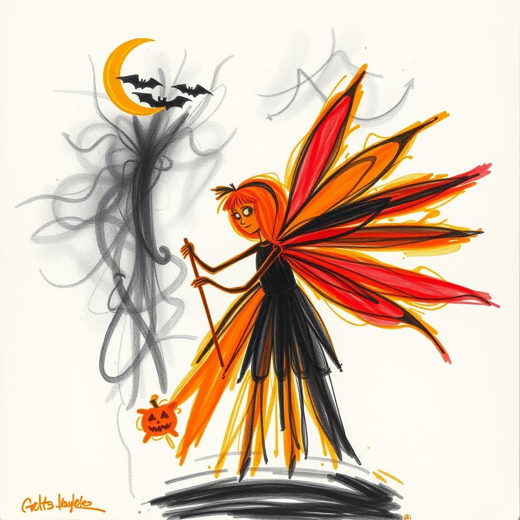 Surreal Halloween Crayon Drawing with Fairy