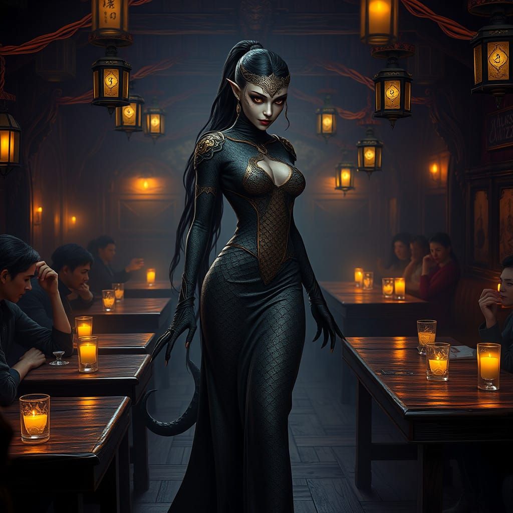 Elegant Yuan-ti Hostess Entices in Medieval Tavern