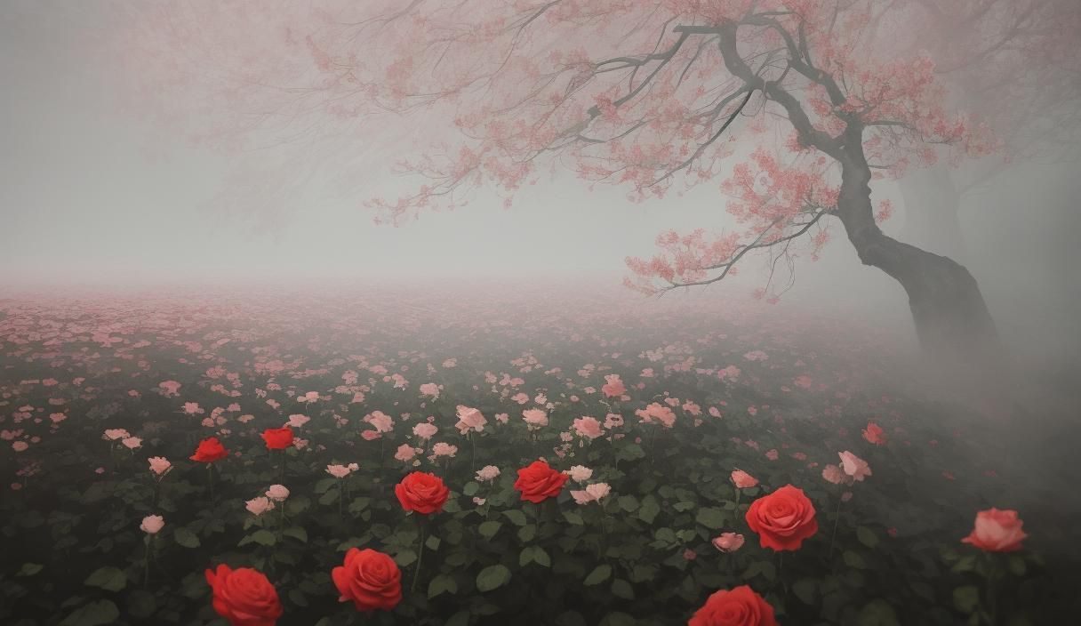 Impressionistic Waterfall Landscape with Roses