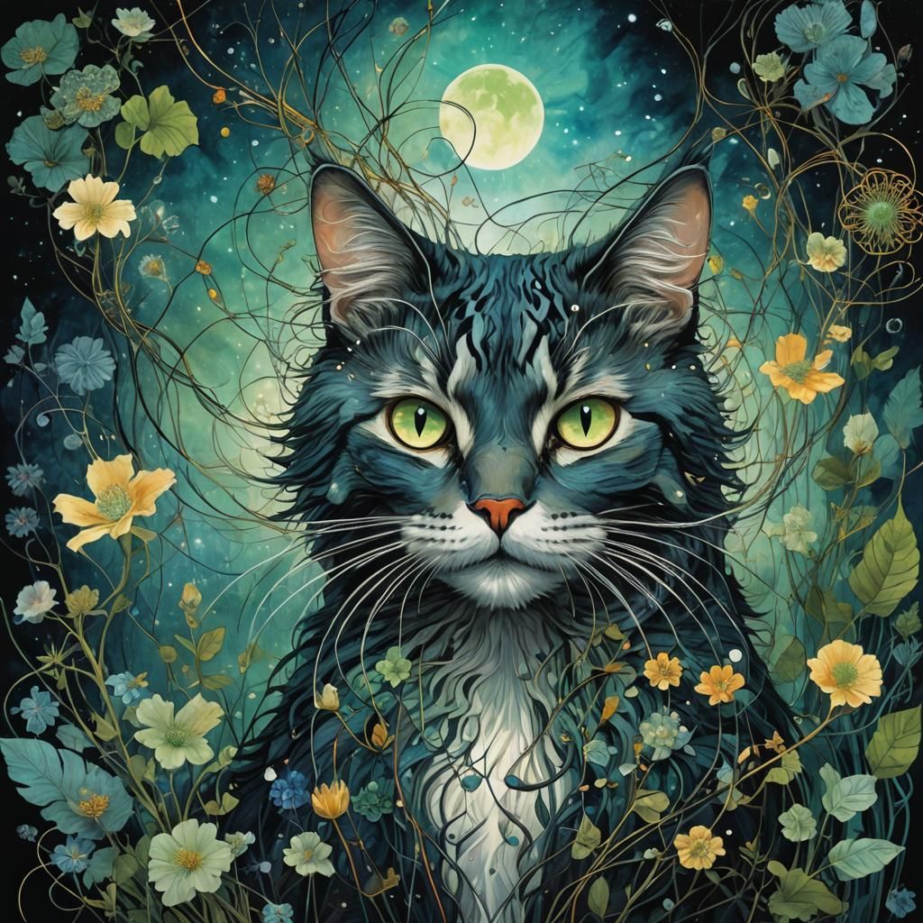 Double Exposure Cat in Floral Watercolor Style