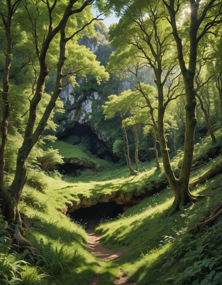 Sunlit Clearing with Cave Entrance