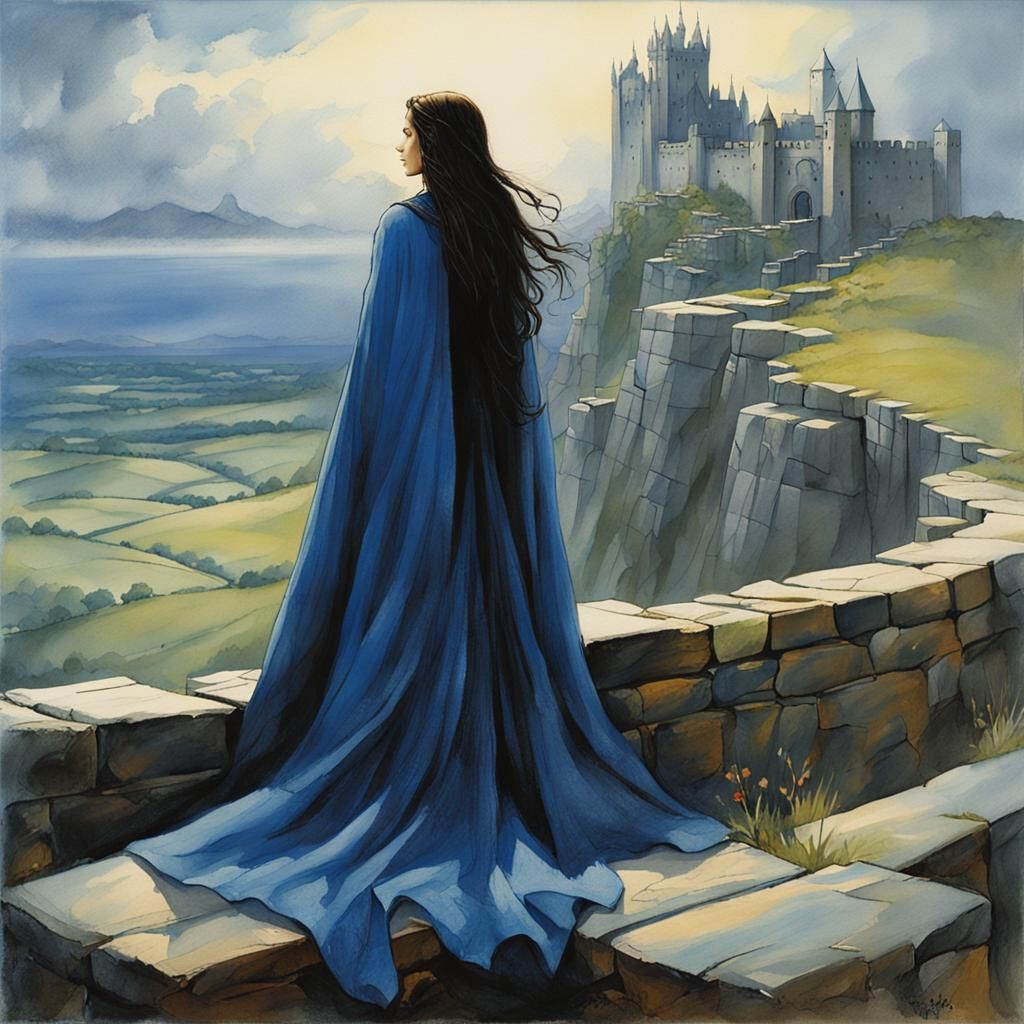 Woman on Stone Wall in John Howe Style