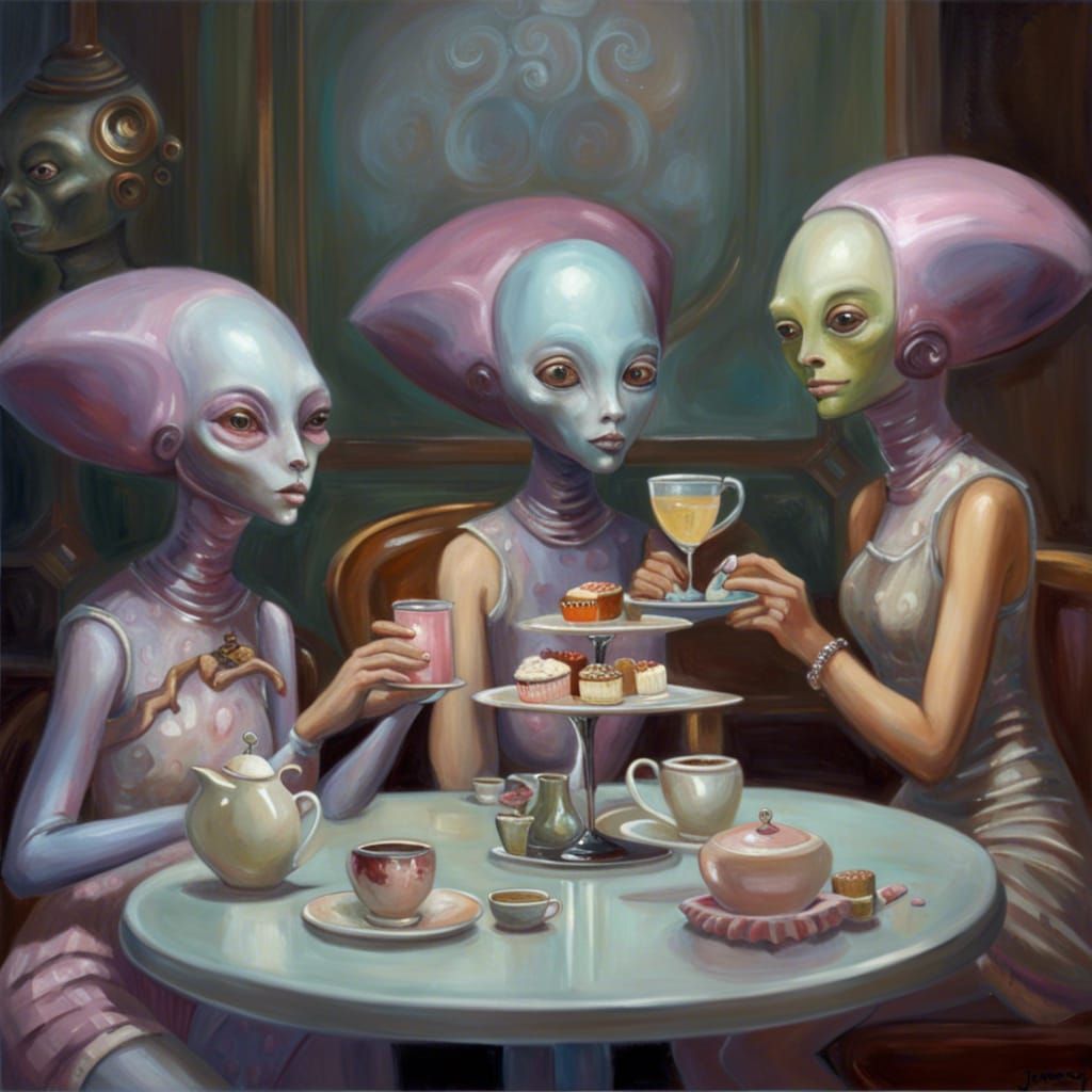 Alien Girl's Afternoon Tea: Oil Painting