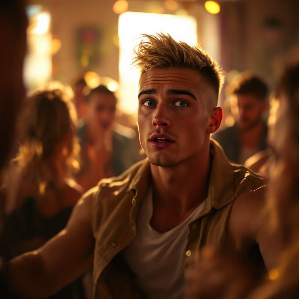 Handsome Athlete Dancing at Frat Party in Golden Light