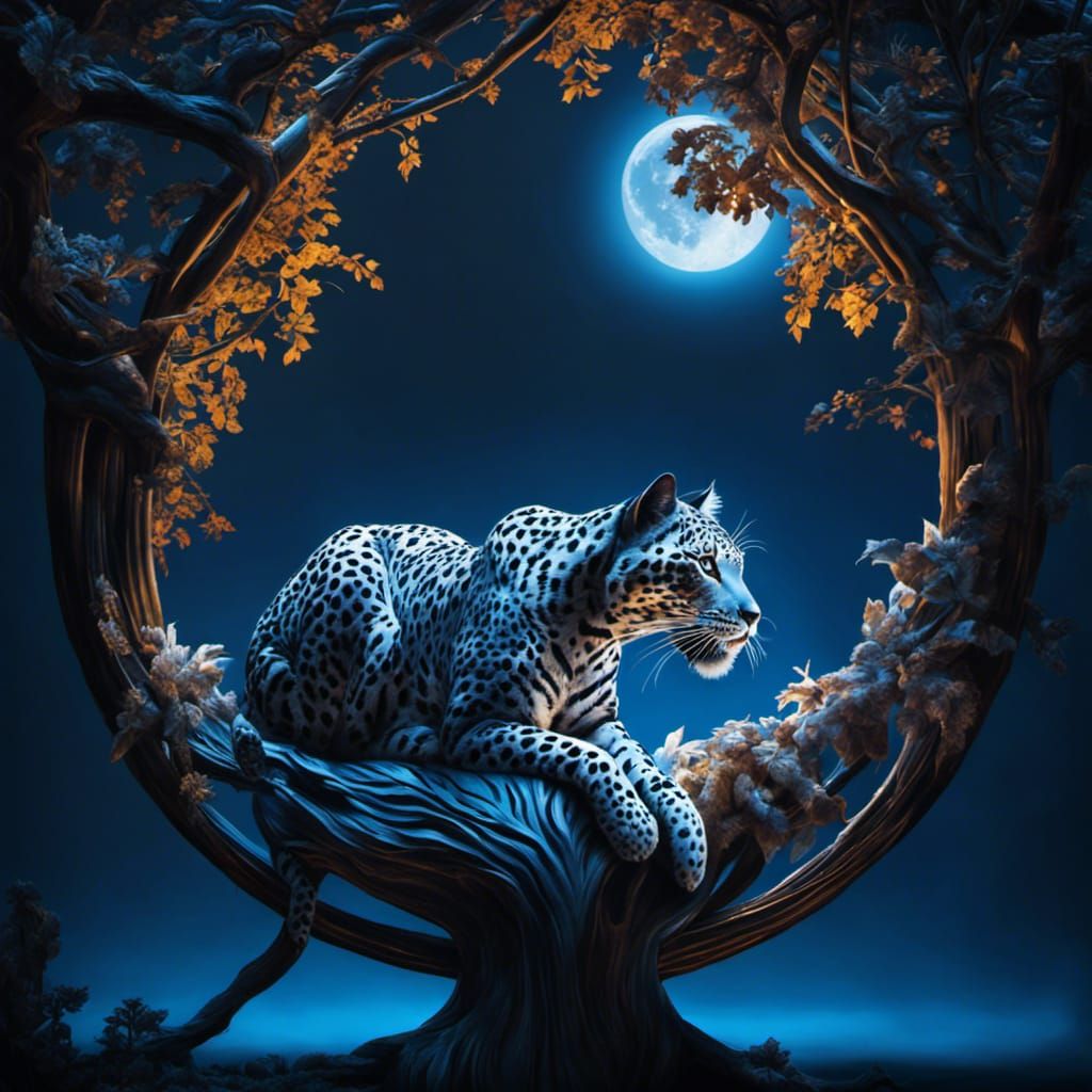 Blue Leopard Asleep Under Vibrant Moon