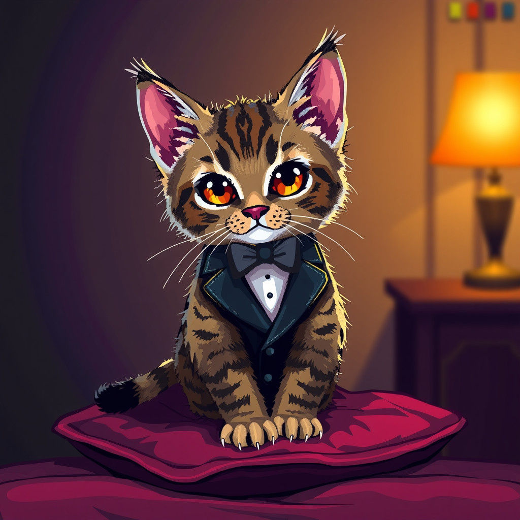 Pixel Art Cat in Tuxedo on Velvet Cushion