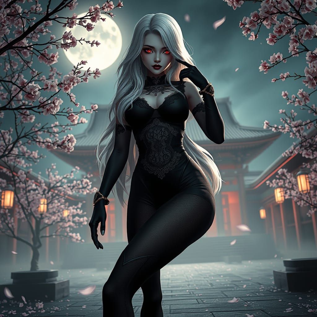 Elegant Gothic Japanese Video Game Character with Lunar Glow