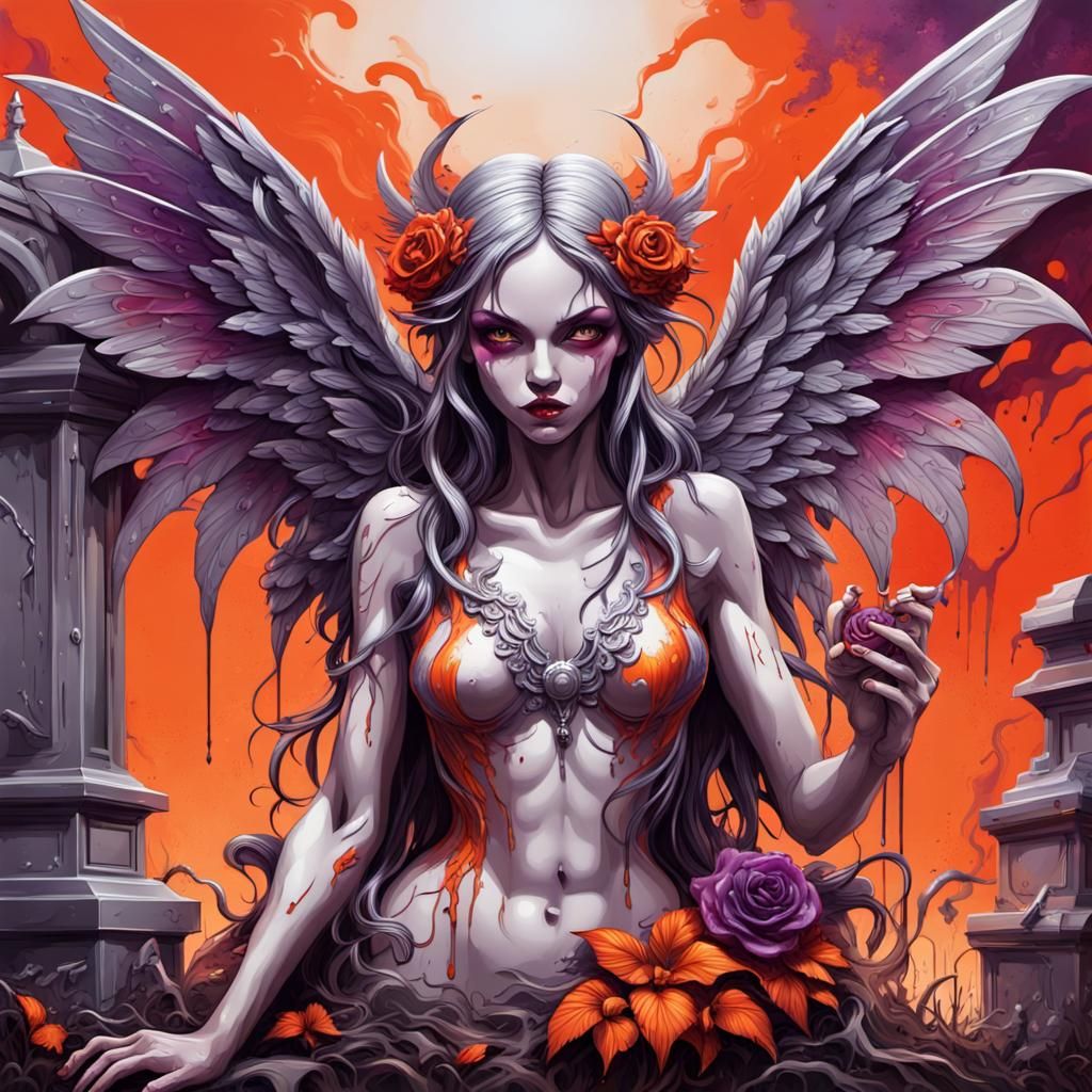 Winged Fairy in Cemetery: Graffiti Art Style