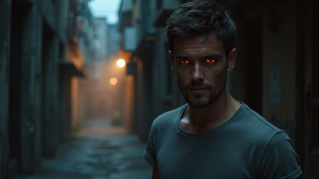 Confident Young Man in Dark Urban Alley at Night