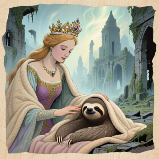 Princess Blankets Sloth in Forgotten City Retro Illustration