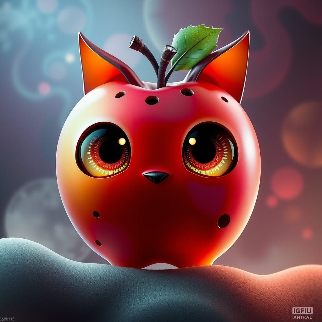 Fantastical Apple with Chibi Eyes in Whimsical, Dreamlike La...