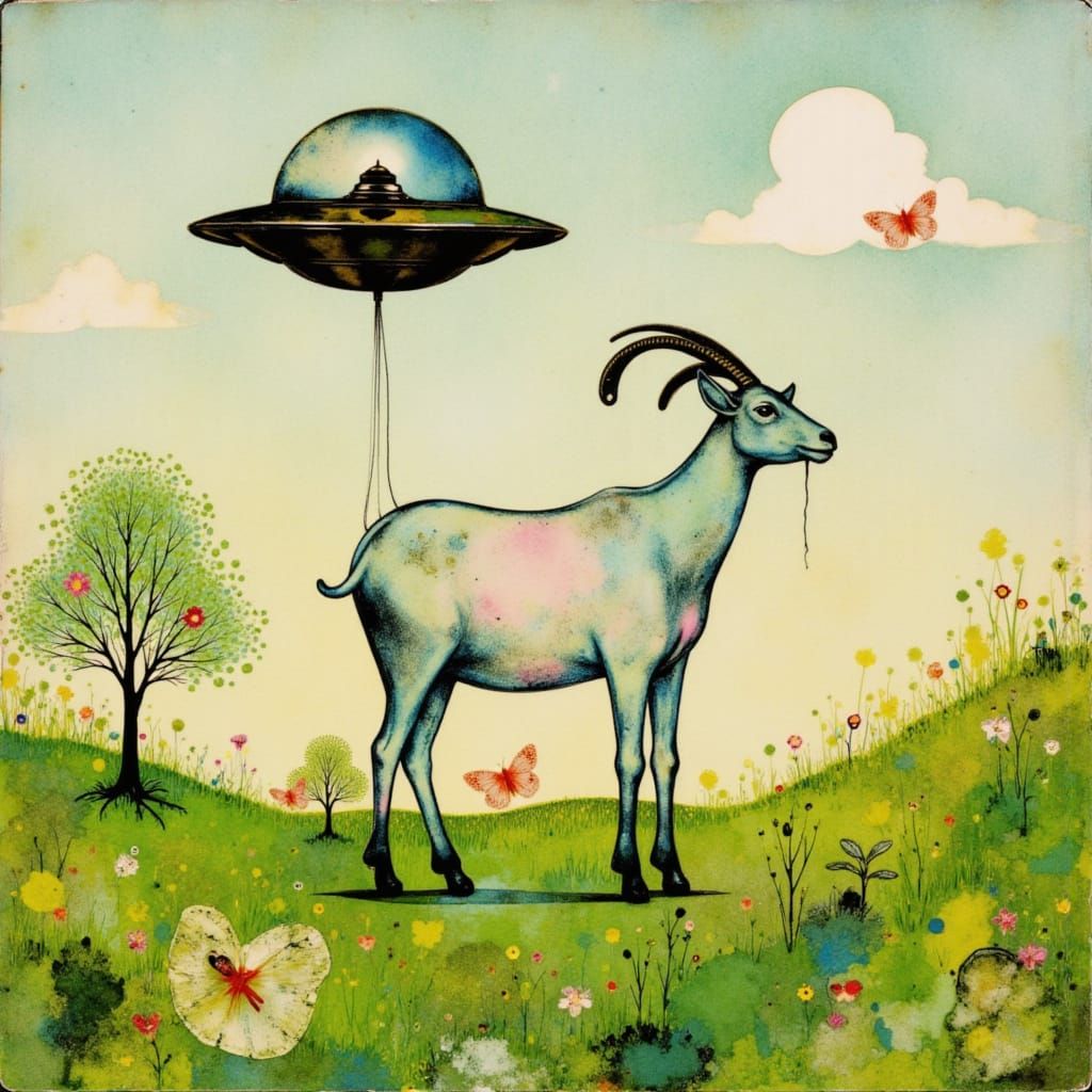 Glass Goat and Flying Saucer in Paper Collage Style