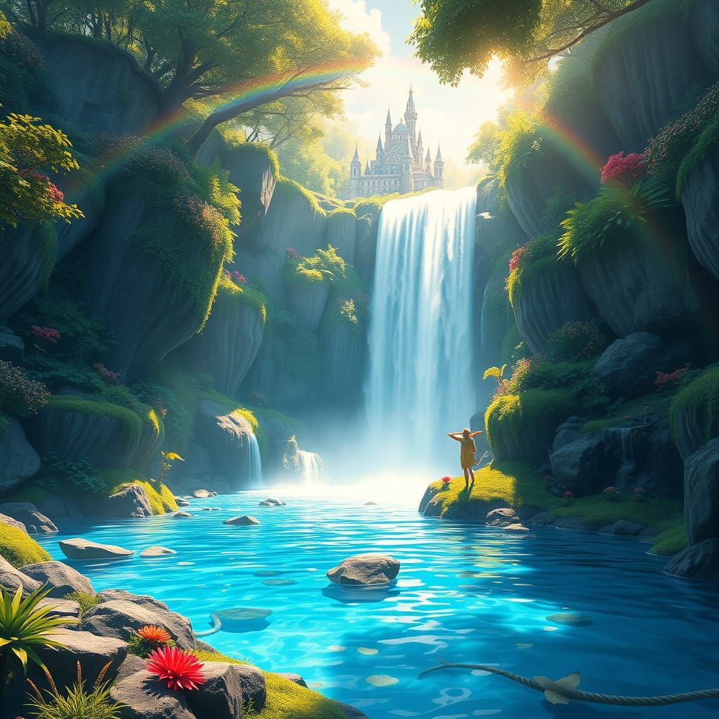 Majestic Waterfall Scene with Crystalline City in Anime Styl...