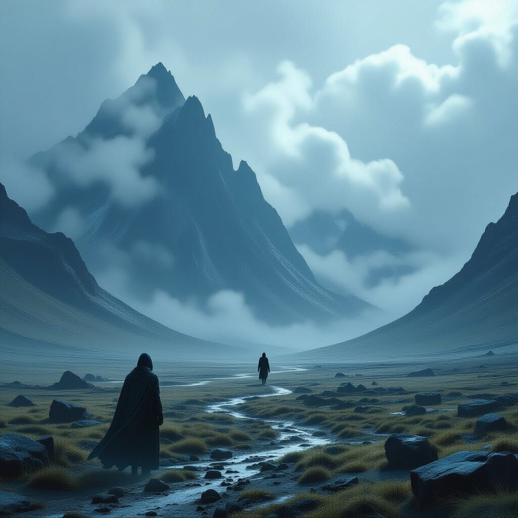 Surreal Landscape: Lone Figure in Dramatic, Tragic Scene
