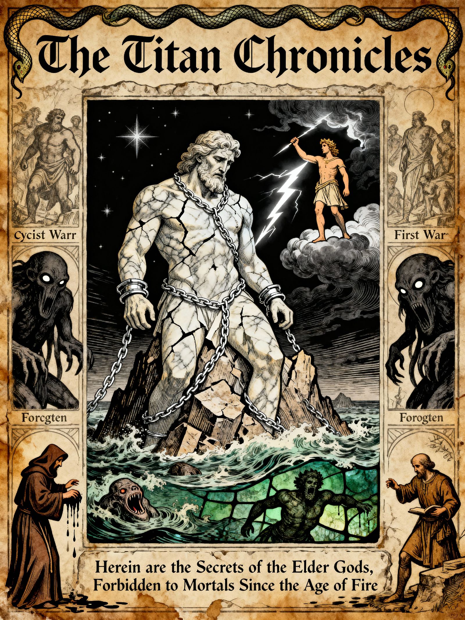 Renaissance Woodcut Style Engraving of Titan Battles