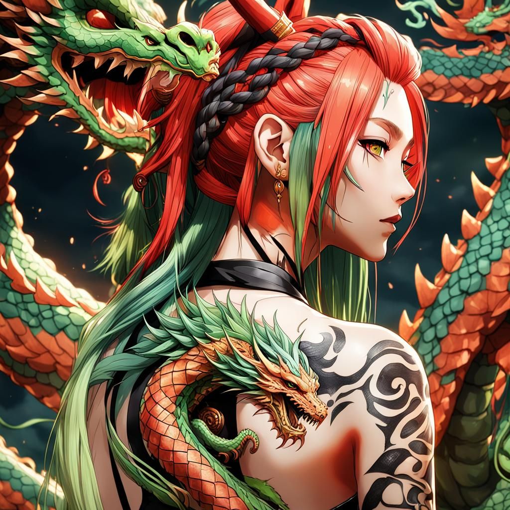 Anime Girl with Dragon Tattoo and Green Hair