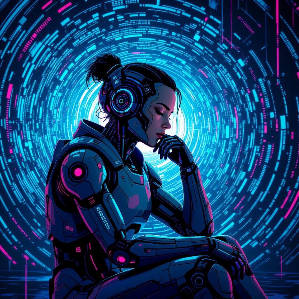 Android Lost in Thought: Neon Noir Sci-Fi