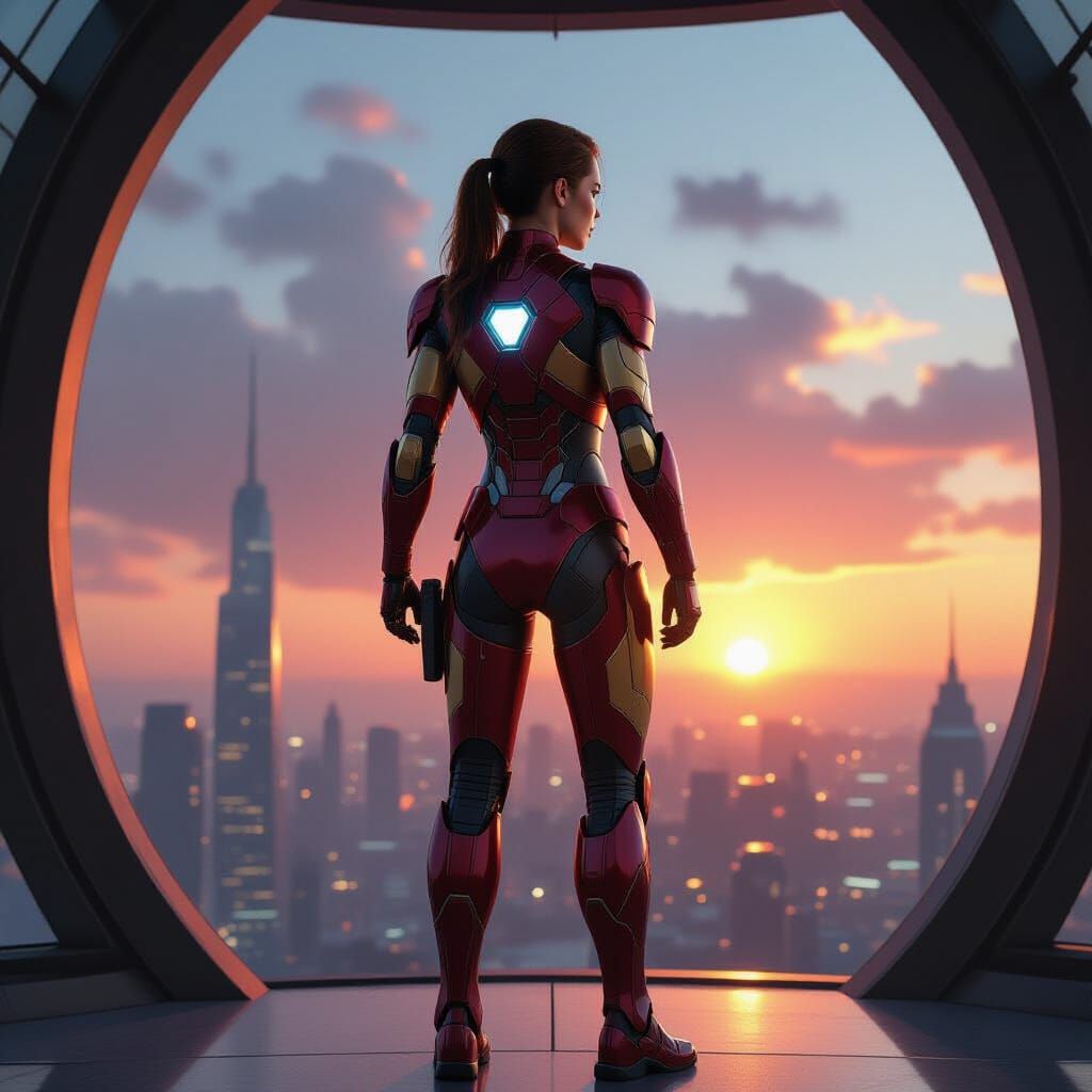 Lara Croft in Iron Man Armor Over Futuristic City