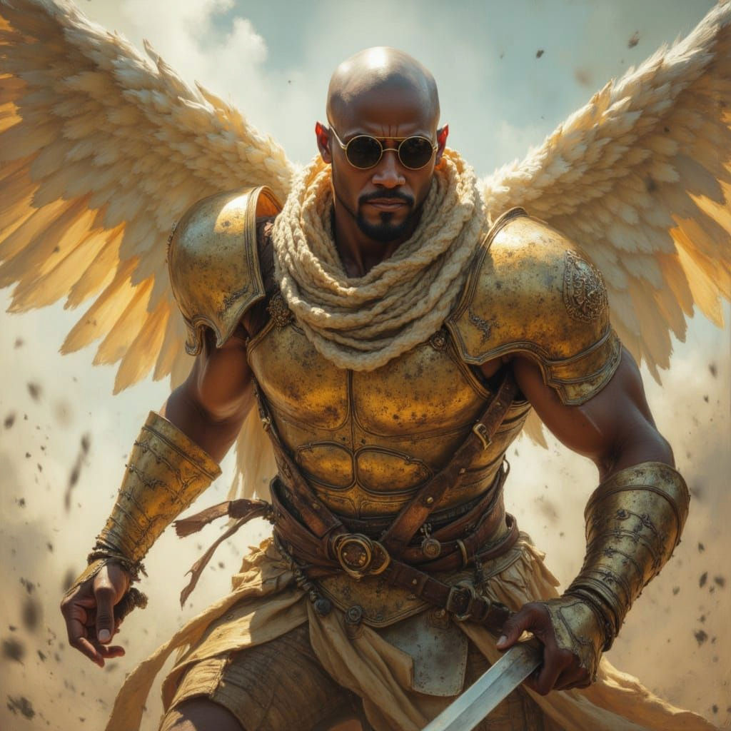Rugged Angel Warrior in Gold Armor Above Cloud City