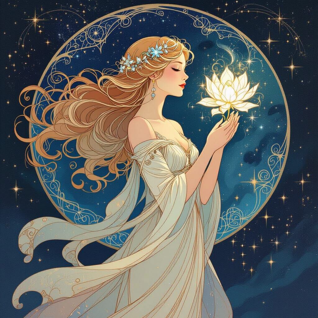 Ethereal Woman in Galaxy, Art Nouveau Style