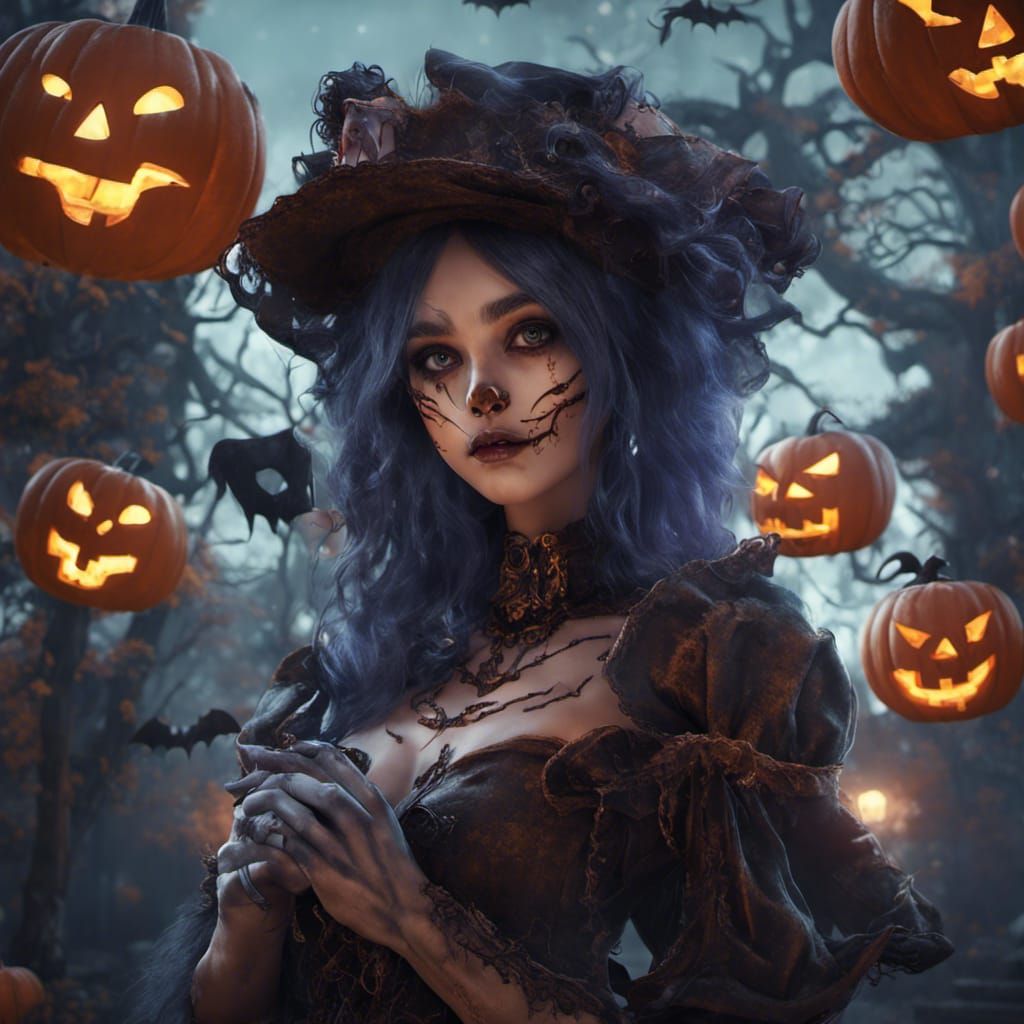 Fantastical Halloween Girl in Detailed Matte Painting