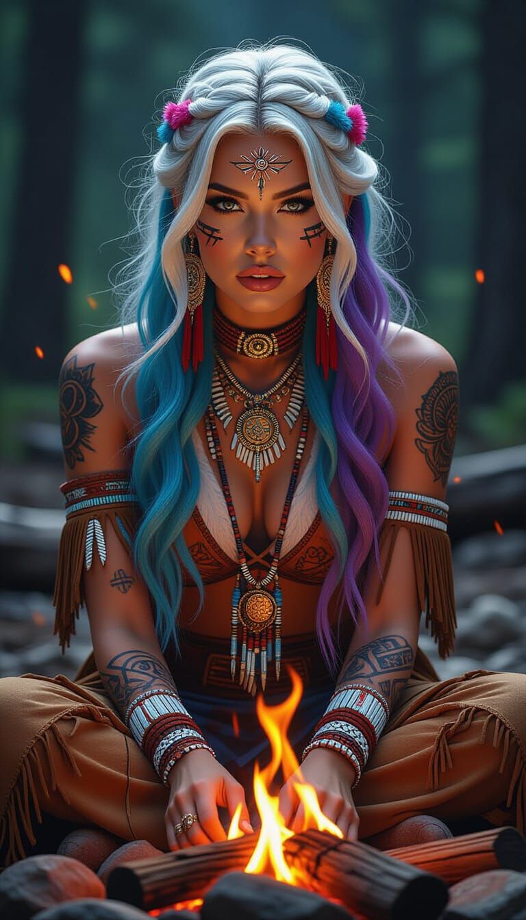 Boho Woman in Native American Attire by Bonfire