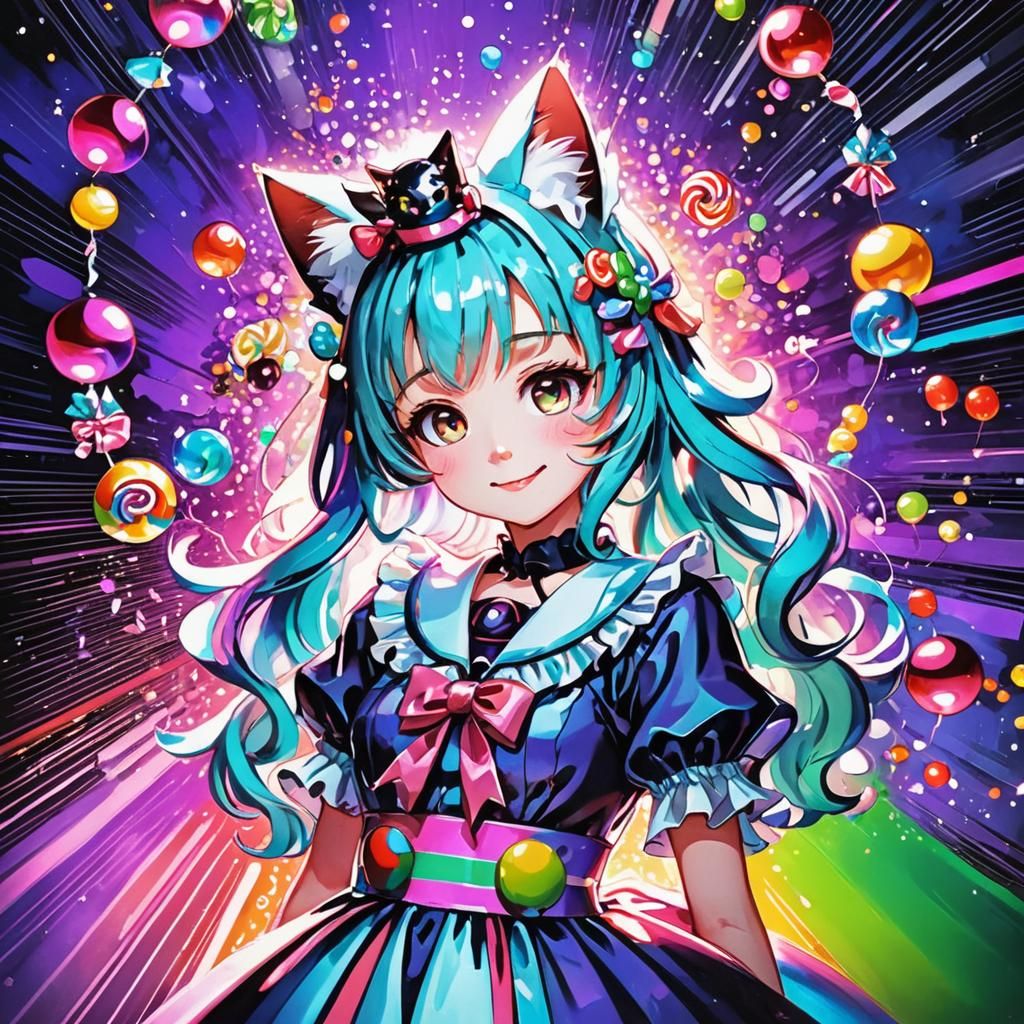 Cute Manga Girl with Cat Ears and Shiny Eyes