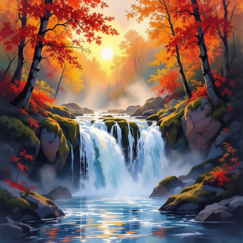 Majestic Autumn Waterfall in Golden Hour Light