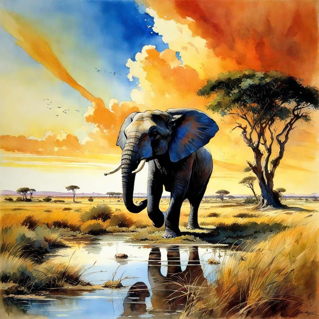 Elephant in Savannah: Watercolor and Ink Rendering