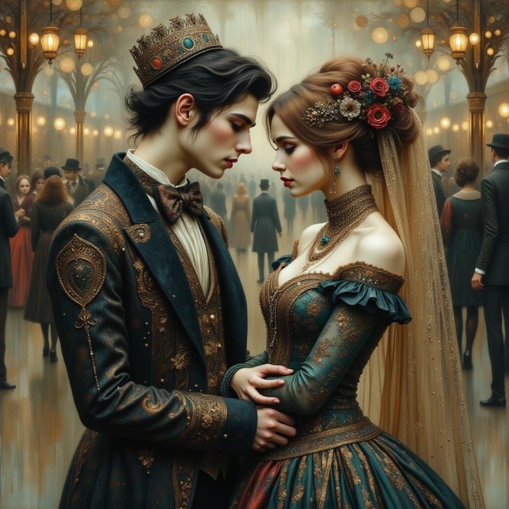 Victorian Lovers in Vintage Airport, Gothic Fantasy Art