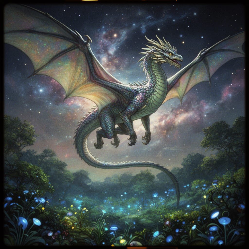 Iridescent Dragon Soars Through Cosmic Sky Over Bioluminesce...