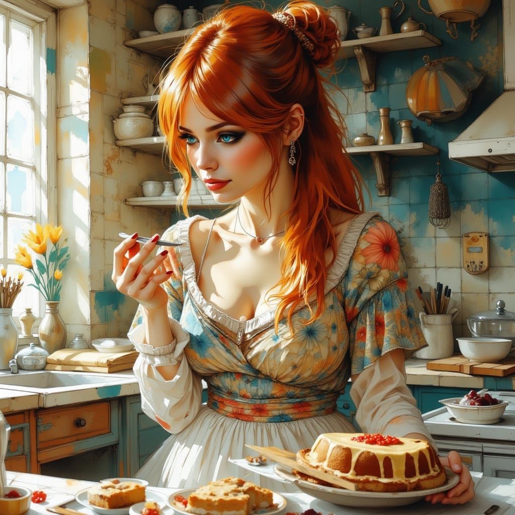 Woman Baking Cake in Sunlit Kitchen, Fantasy Concept Art