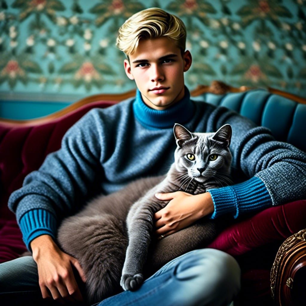 Handsome man with his Russian Blue cat
