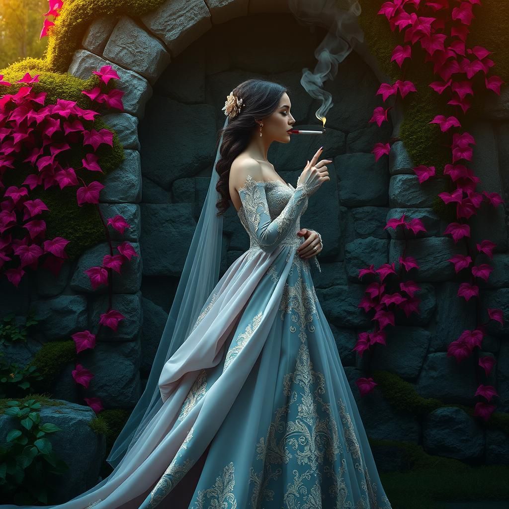 Mystical Bride Smoking Against Ivy Wall