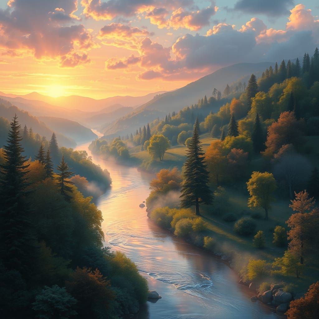 Idyllic Sunset River Valley in Dreamy, Fantastical Style