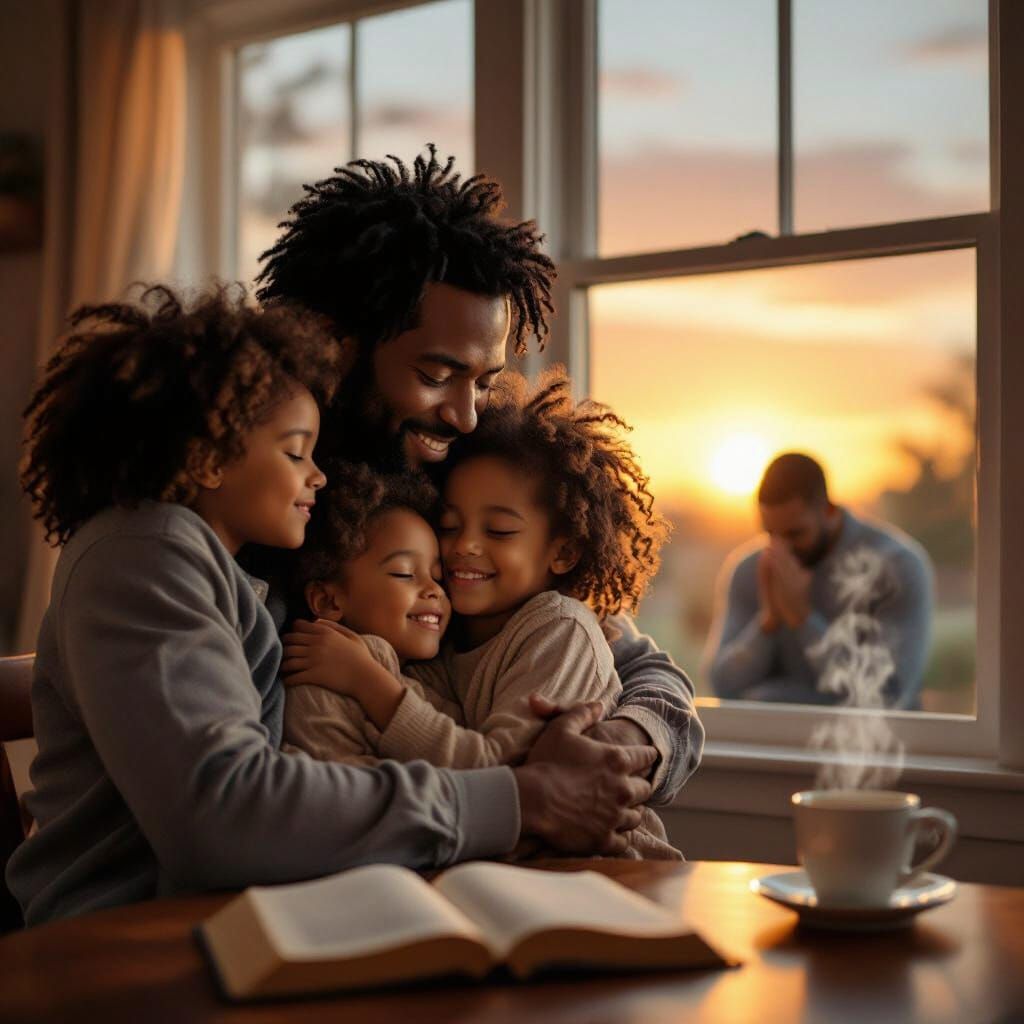 Photorealistic African American Family Embrace in Morning Li...