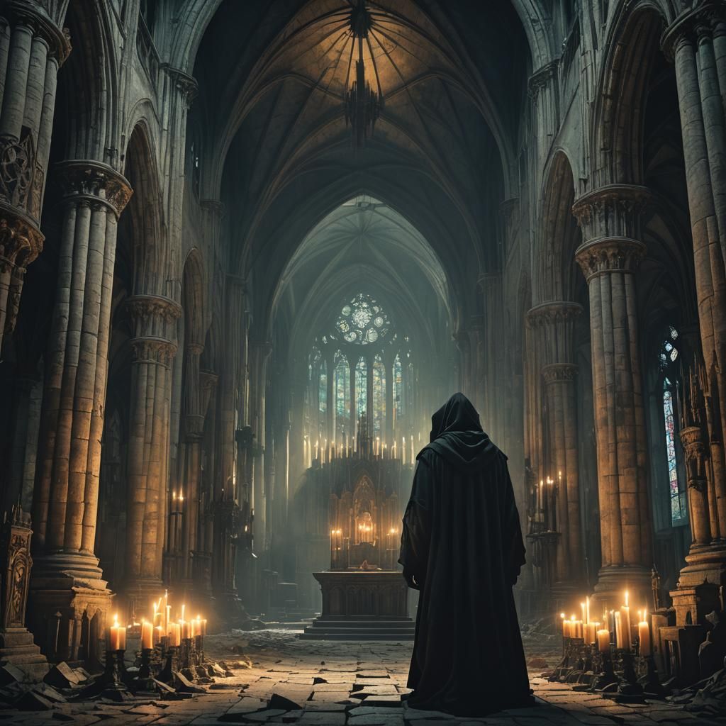 Mysterious Hooded Figure in Gothic Cathedral