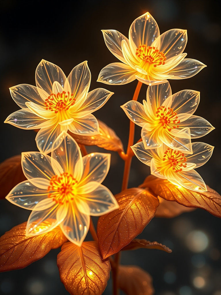 Luminous Flowers with Golden Leaves in Holographic Style