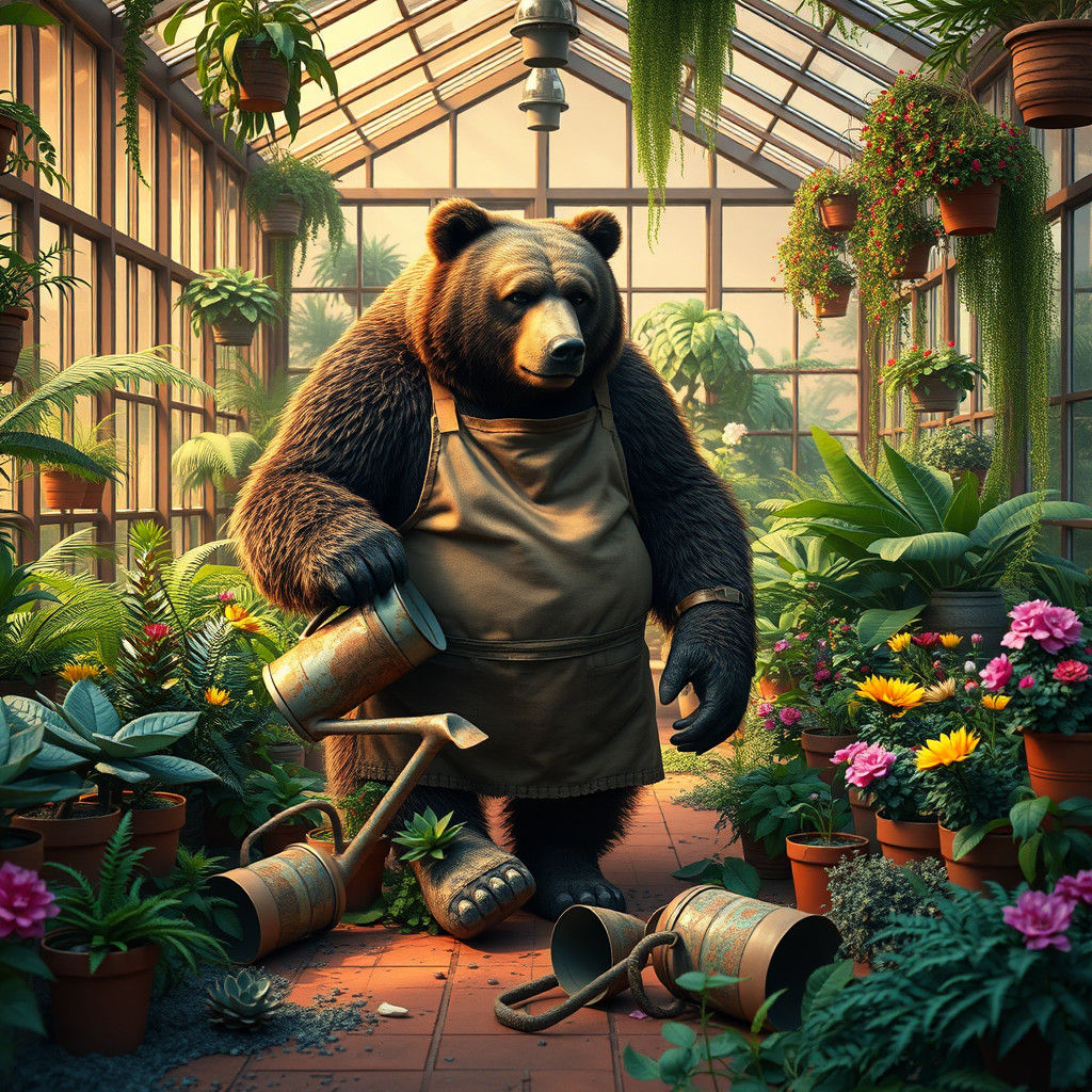 Grumpy Grizzly Gardening in a Lush Greenhouse