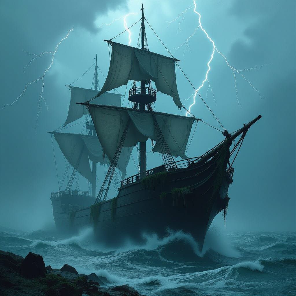 Ghost Ship Emerges from Stormy Mist in Surreal Style