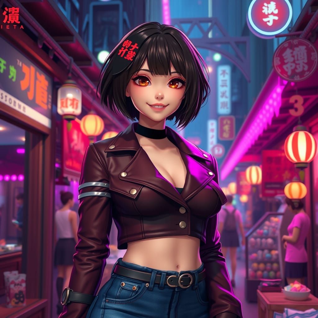Anime Woman in Cyberpunk Market with Neon Lights