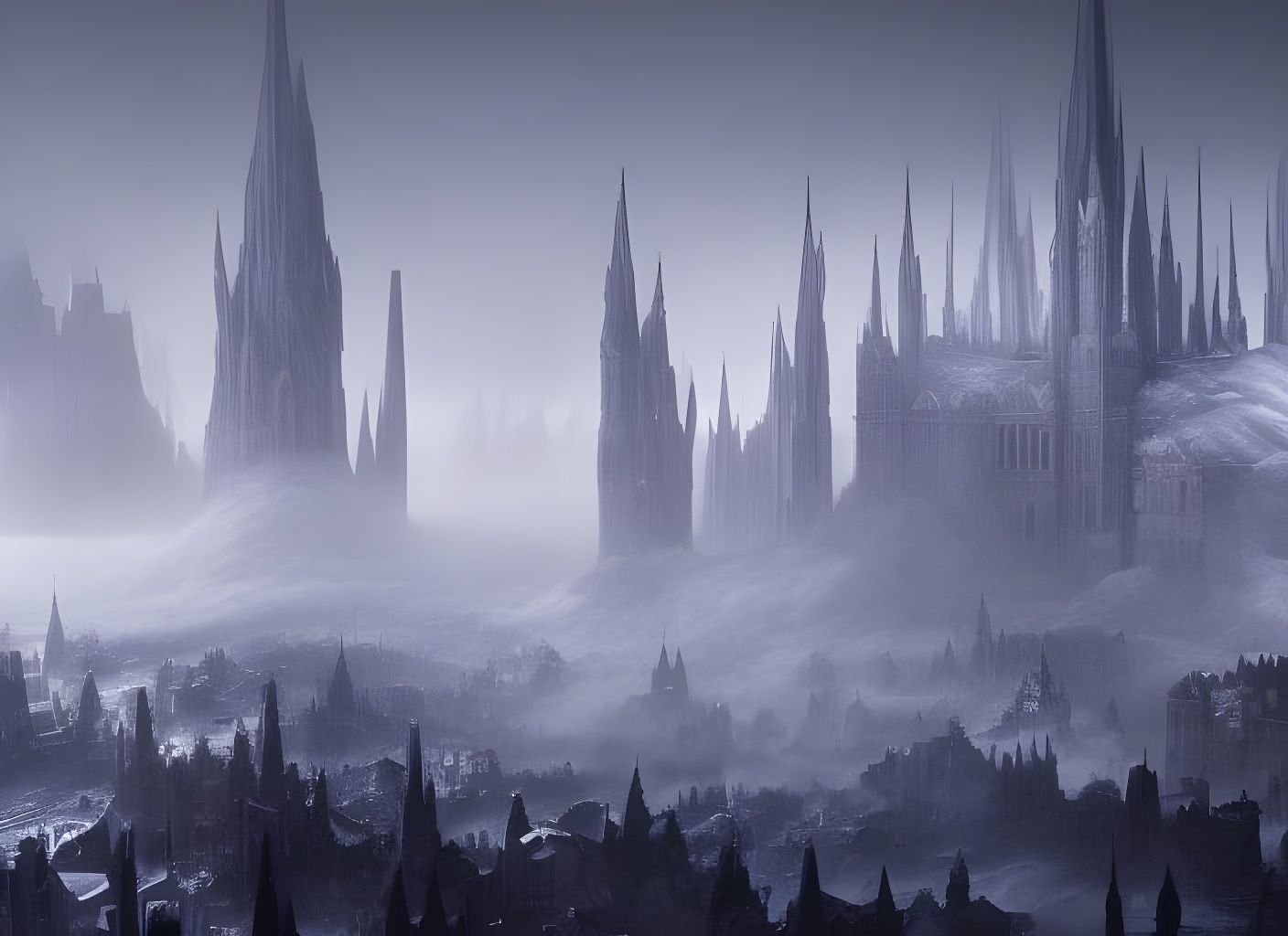 Frozen Gothic Cityscape in Fog and Darkness