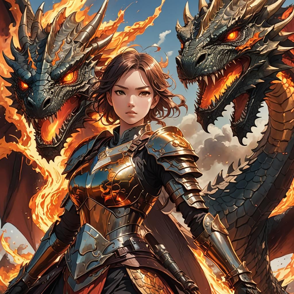 Armored Girl Riding a Fire-Breathing Dragon in Manga Art