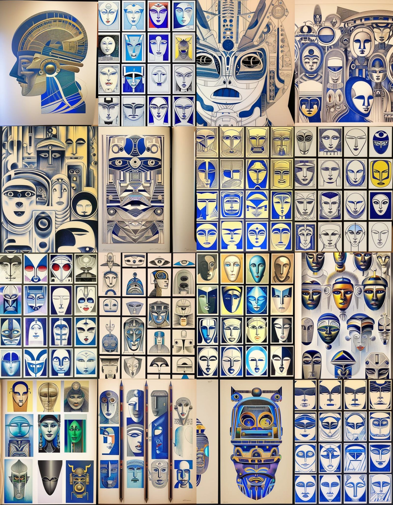 Blue Ink Drawings of Surreal Robot and Humanoid Heads